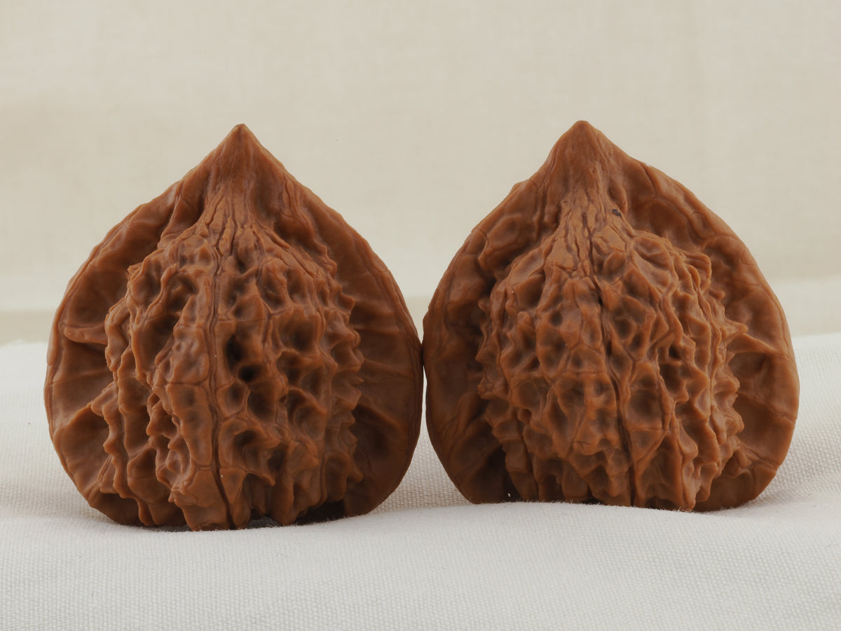 Vermilion Bird walnut pair, 41 mm — WW-00003, hero view.