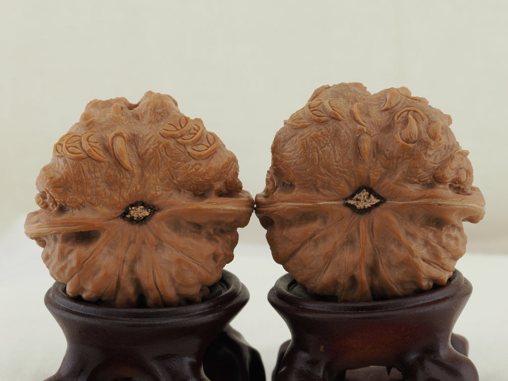 Toad Head Dragon Toad Carved Walnut Pair — 44.0 mm (Long Chan Ha Ma Tou) — Carved pair three-quarter view — WW-00048