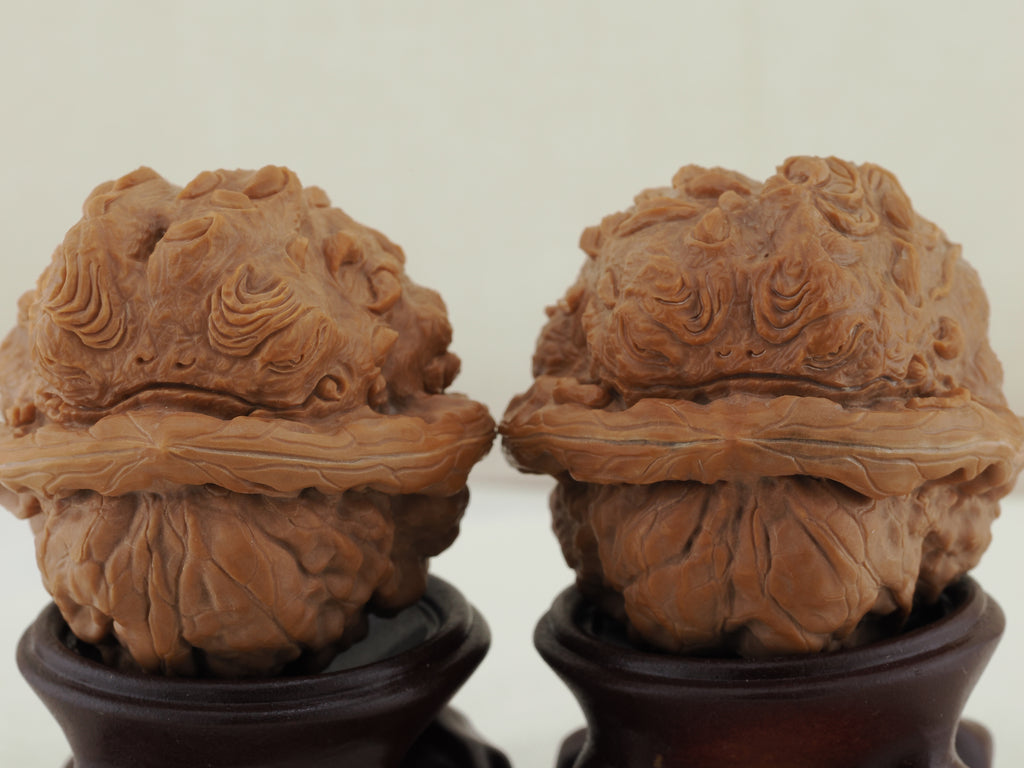 Toad Head Dragon Toad Carved Walnut Pair — 44.0 mm (Long Chan Ha Ma Tou) — Carved pair front view — WW-00048