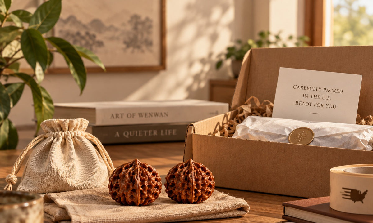 Illustrative packing scene with Wenwan walnuts, a cloth pouch and protective packaging.
