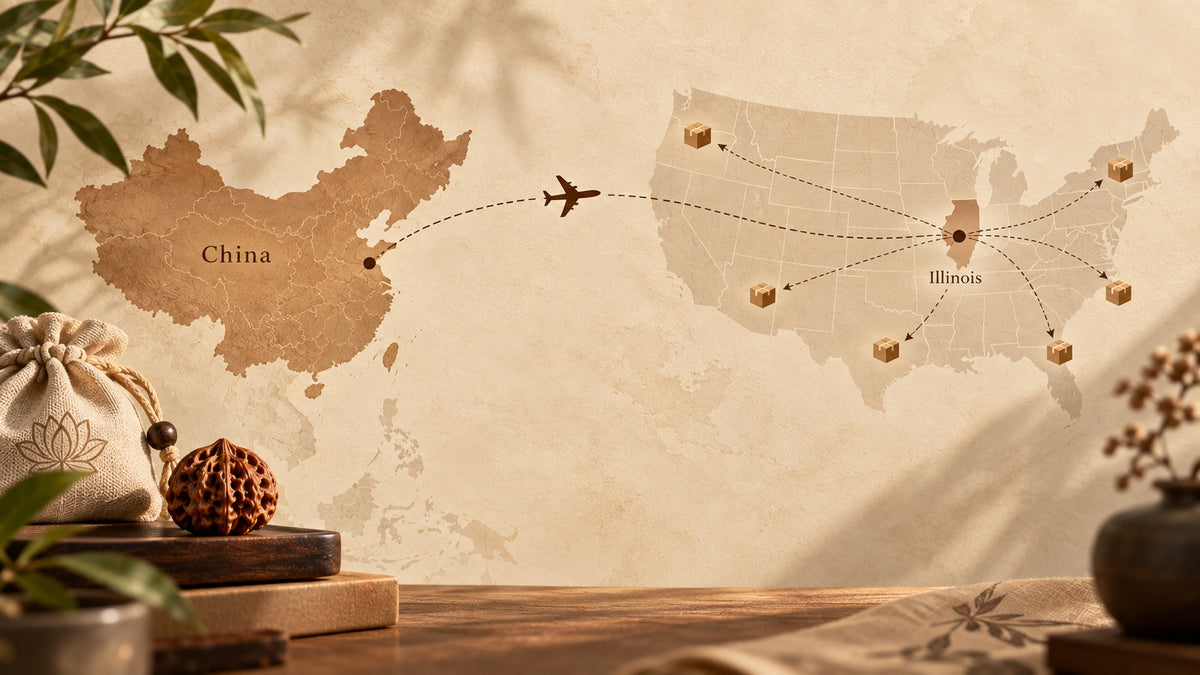 Illustration showing sourcing from China to Illinois, then domestic parcel routes across the United States.