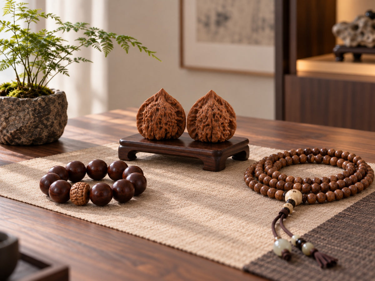 Wenwan walnut pair, bead bracelet and long bead necklace arranged on a wooden table.